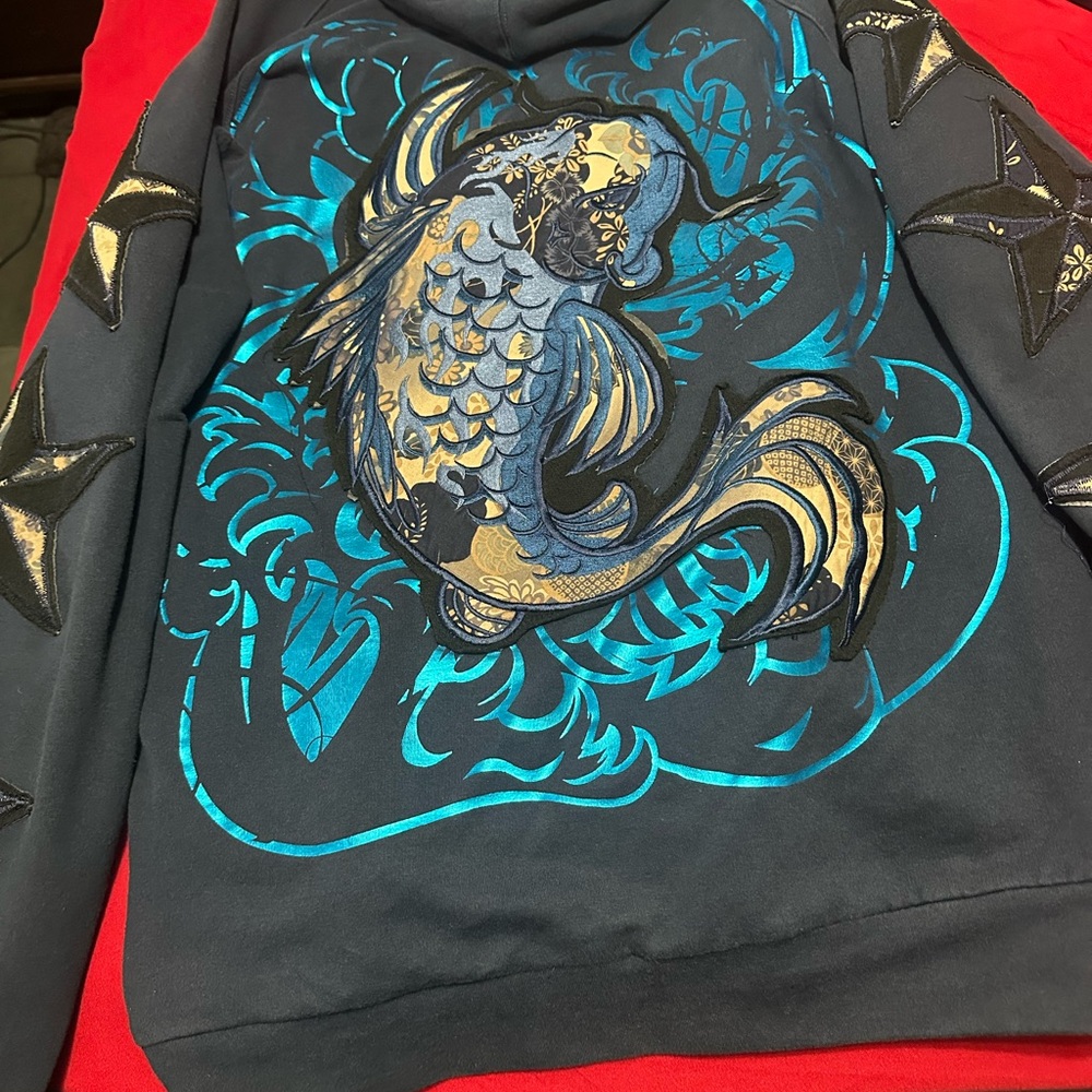 Dussault Men’s Furious 4 Hoodie Koi Fish Rare Blue Foil 400 made Discontinued